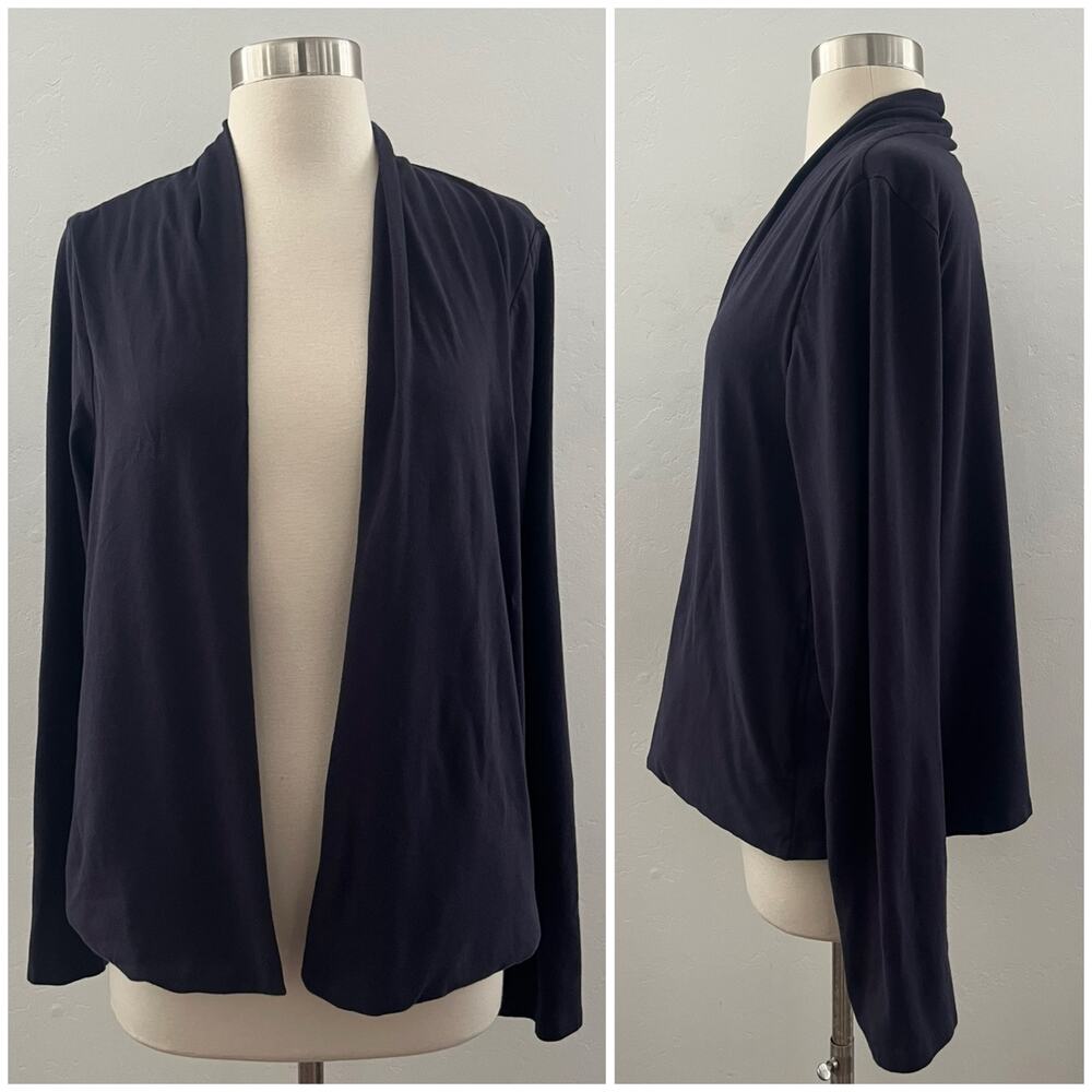 Eileen Fisher Open Front Cardigan Small Navy Pockets Minimalist Quiet Luxury
